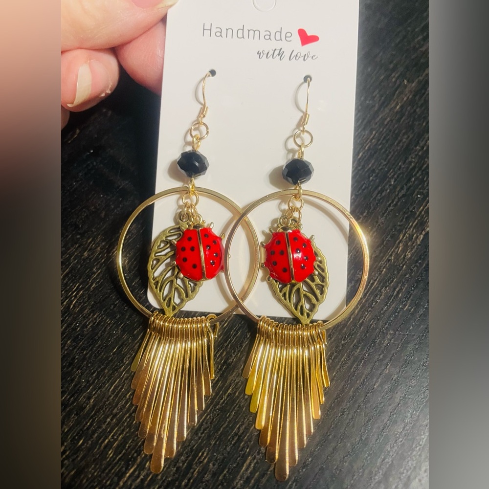 Handmade Gold and Red Ladybug Earrings